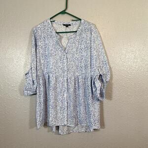 Anne Carson 1x Womens White Blue Blouse Button Floral Blue Green 3/4 Sleeve